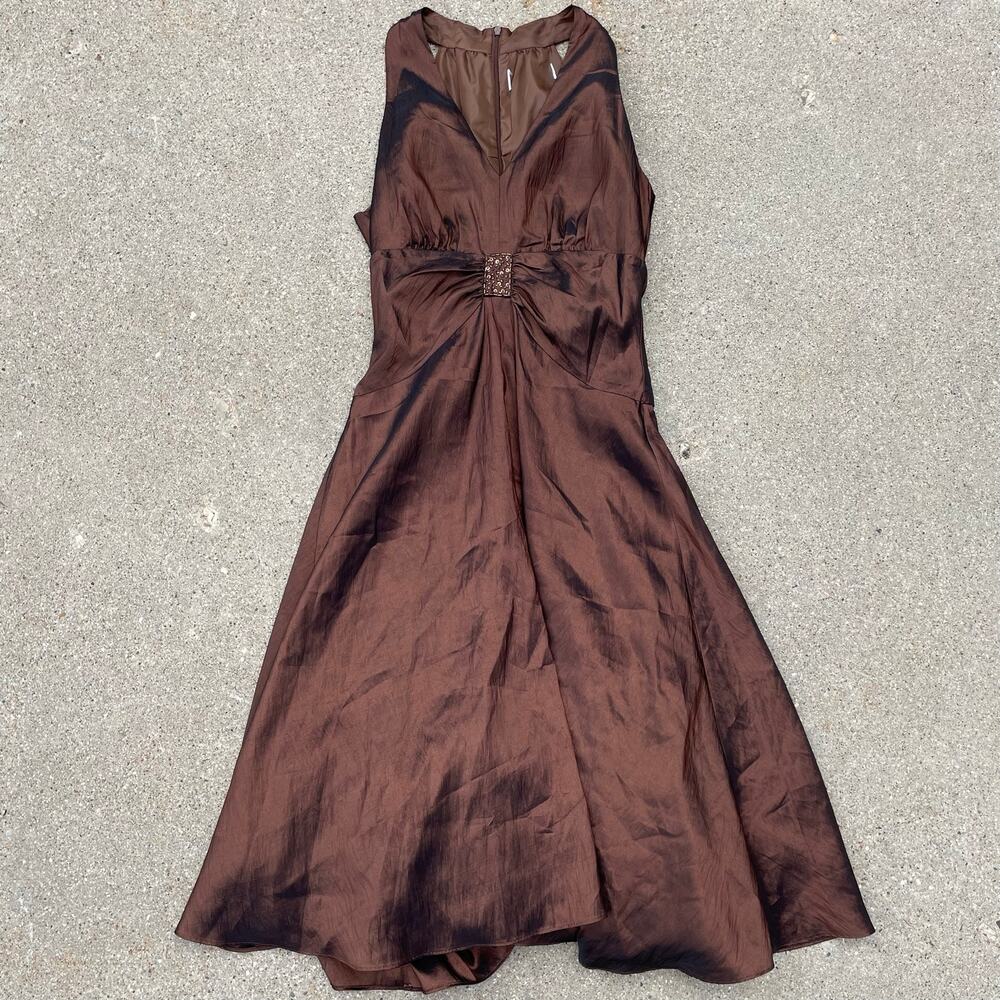 Y2K Bronze Brown Shimmer Formal Cocktail Dress Beaded Waist Midi Prom XS